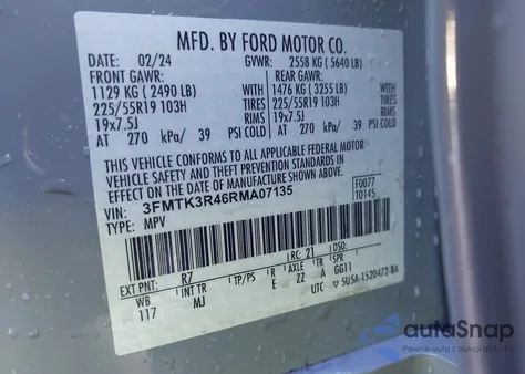 2024 Ford Mustang Mach-E Premium z USA, uszkodzony, nr VIN 3FMTK3R46RMA07135